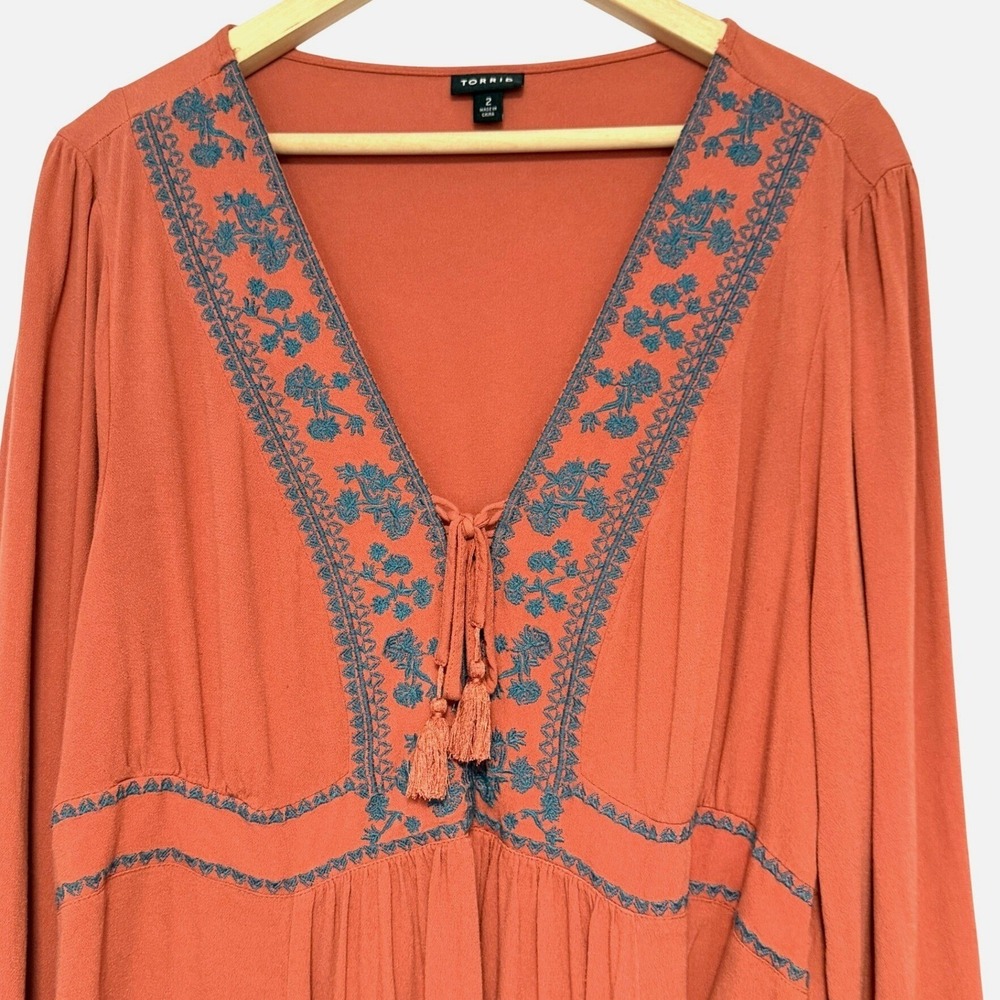 Torrid Tunic Top Boho Embroidered Womens 2 Orange Renfair Long Sleeve Blouse - Picture 3 of 10